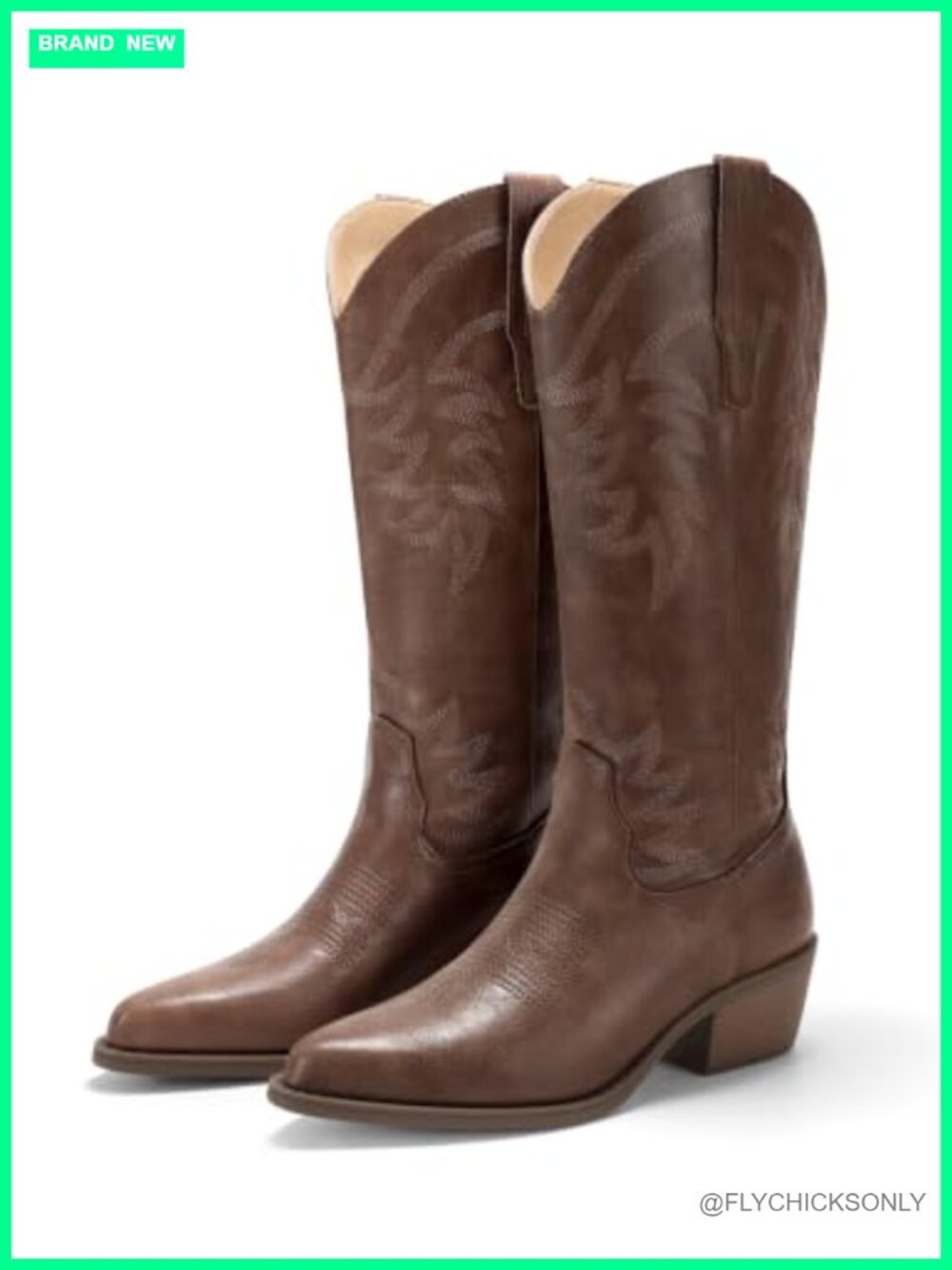 Mid Calf Western Cowboy Boots Chunky Block Heel Embroidered Faux Leather